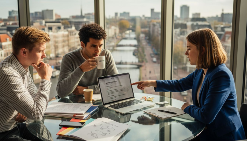 Het team buigt zich op kantoor over de reacties van klanten.