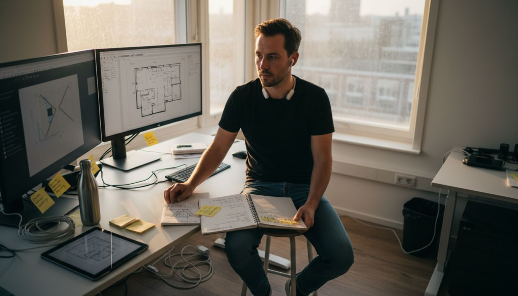 Een ondernemer bekijkt de nieuwste website-ontwerpen vanuit zijn hoekbureau.