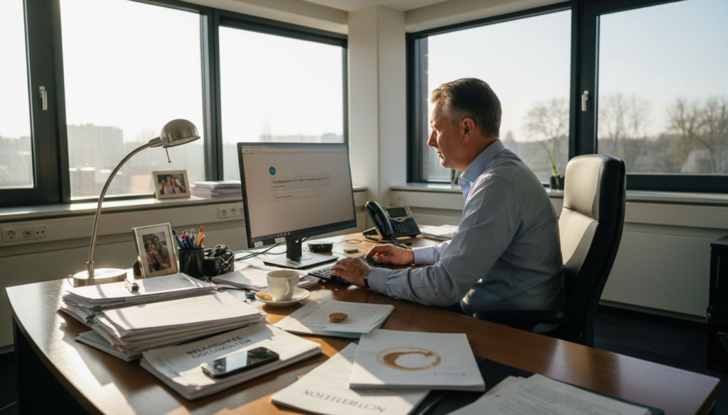 Een office manager die een chatbot inzet om klanten te woord te staan.