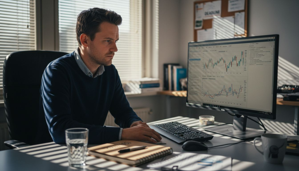 Op kantoor bekijkt een man hoe vaak bezoekers de website direct weer verlaten.