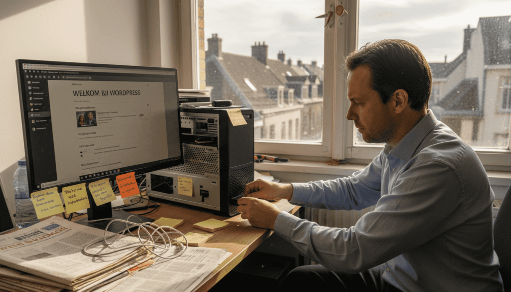 Een medewerker maakt een back-up van WordPress op kantoor.