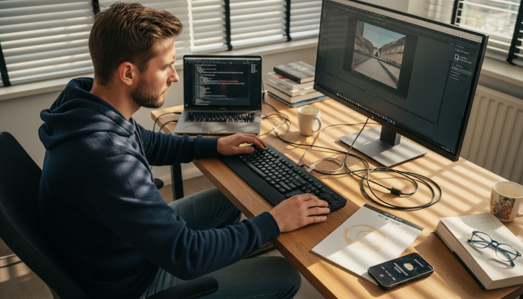 Achter een chaotisch bureau zit een webontwikkelaar geconcentreerd te werken aan het optimaliseren van afbeeldingen.