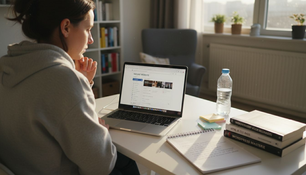 Een beginner zit aan zijn bureau en is bezig met het opzetten van een WordPress-website.