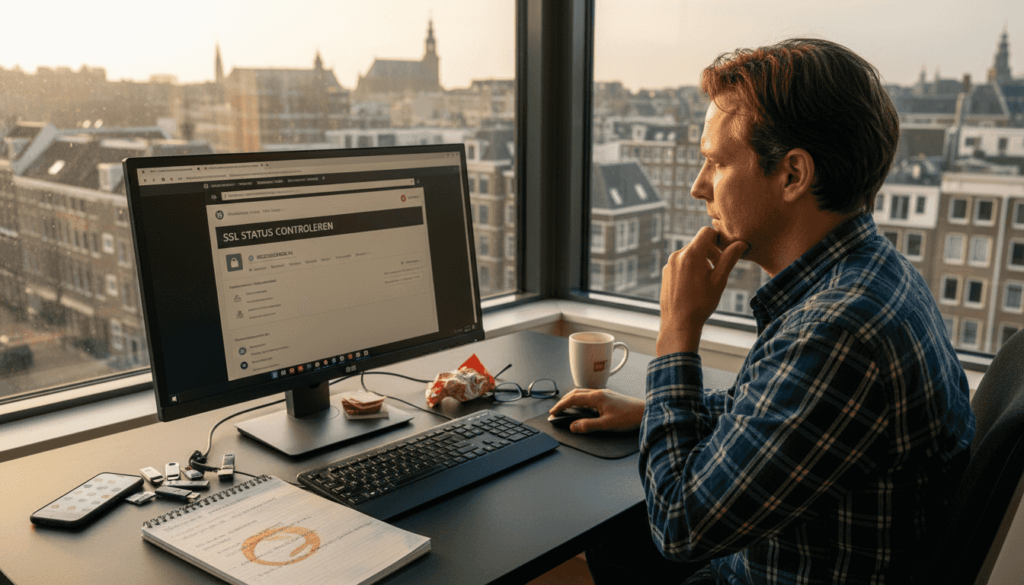 De websitebeheerder controleert op kantoor of het SSL-certificaat nog goed werkt.