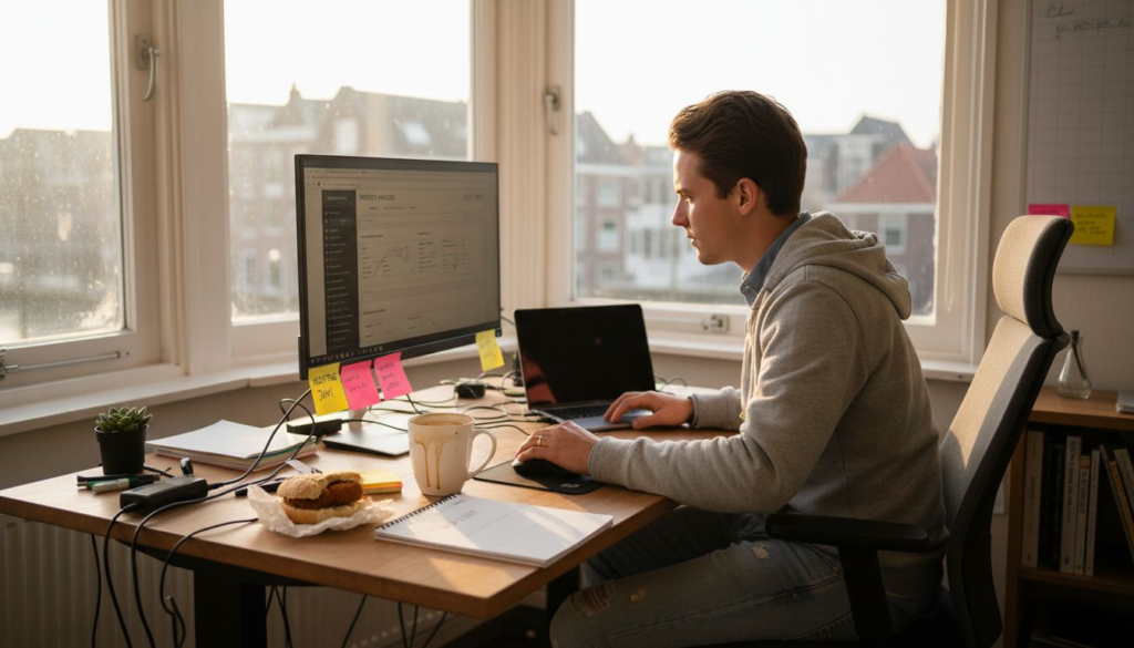 Een marketeer die in een modern kantoorpand in de stad de nieuwste cijfers en statistieken analyseert.