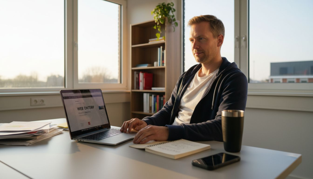 Een webdesigner werkt aan een formulier in een licht, zonnig kantoor.