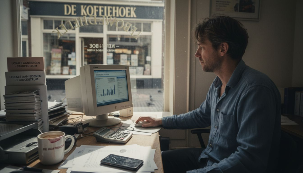 Een ondernemer bekijkt zijn SEO-statistieken op kantoor van zijn mkb-bedrijf.