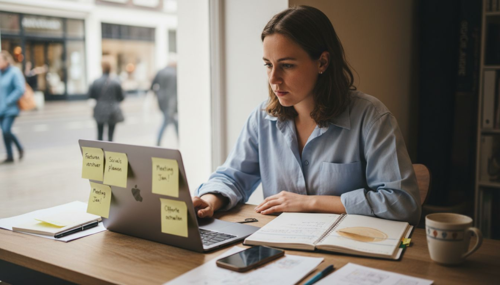 In een knus kantoor is een ondernemer druk bezig met het bouwen van zijn bedrijfswebsite.