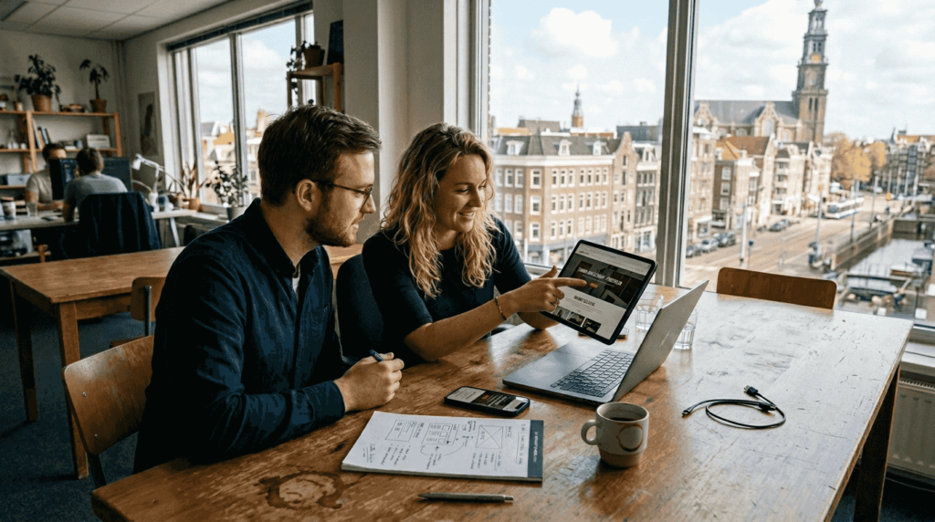 Een ontwerper en klant bekijken samen verschillende websites op hun laptop en smartphone.