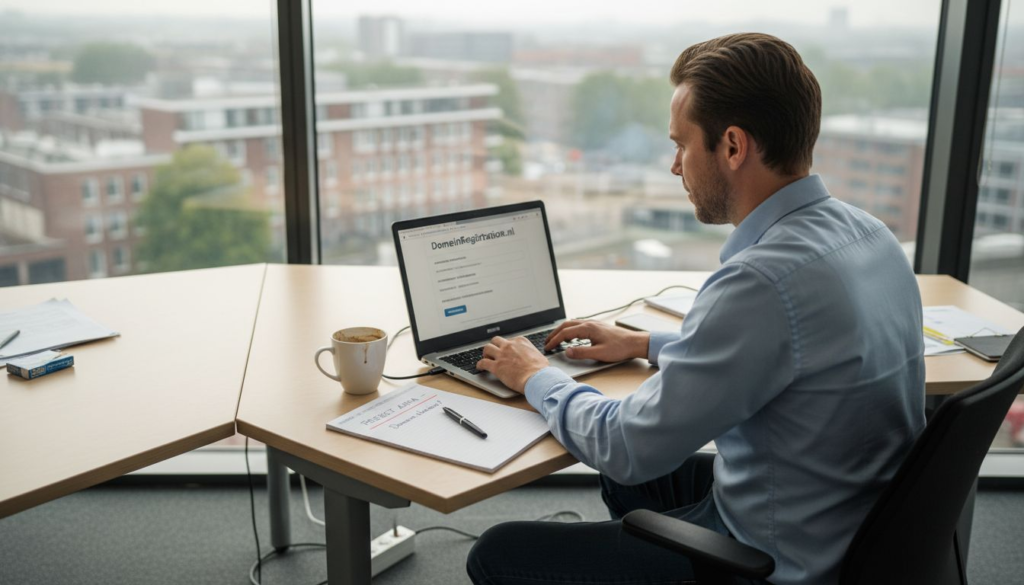 Een man legt in zijn kantoor met zijn laptop een nieuwe domeinnaam vast.