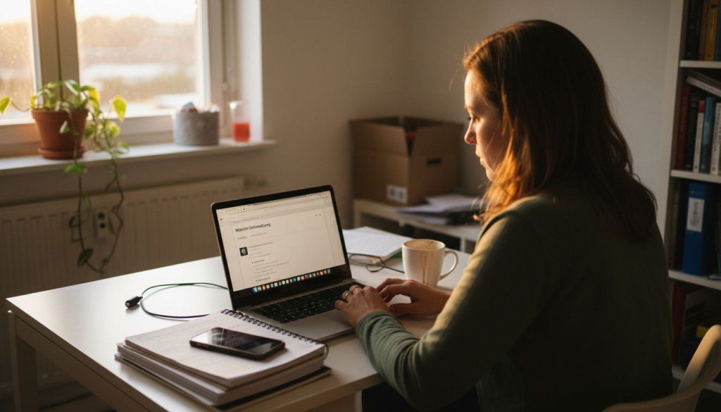 Thuis zit een vrouw achter haar laptop te werken aan een website die goed werkt op smartphones.