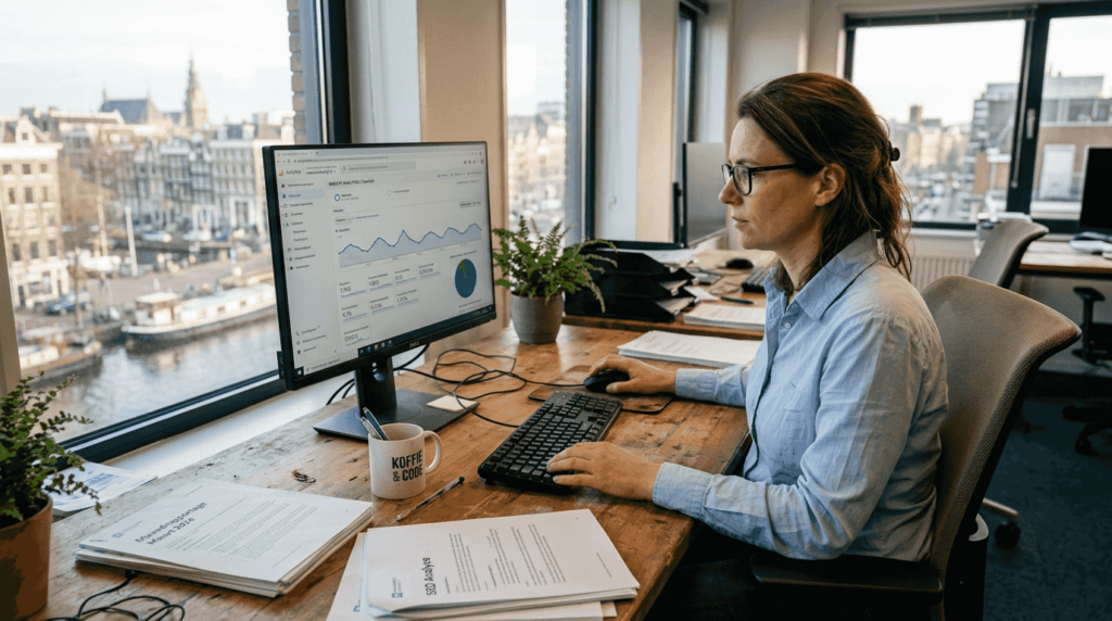 Een vrouw bekijkt de statistieken van haar website op kantoor.