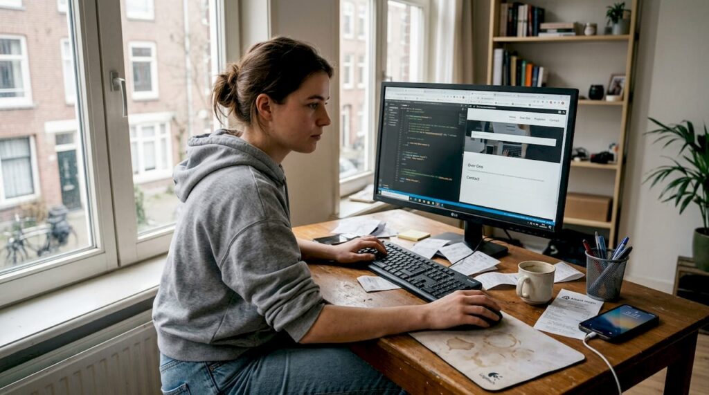 Een webontwikkelaar die achter een chaotisch bureau aan het werk is.