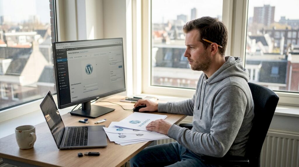 Man bezig met het uploaden van een logo op WordPress op kantoor