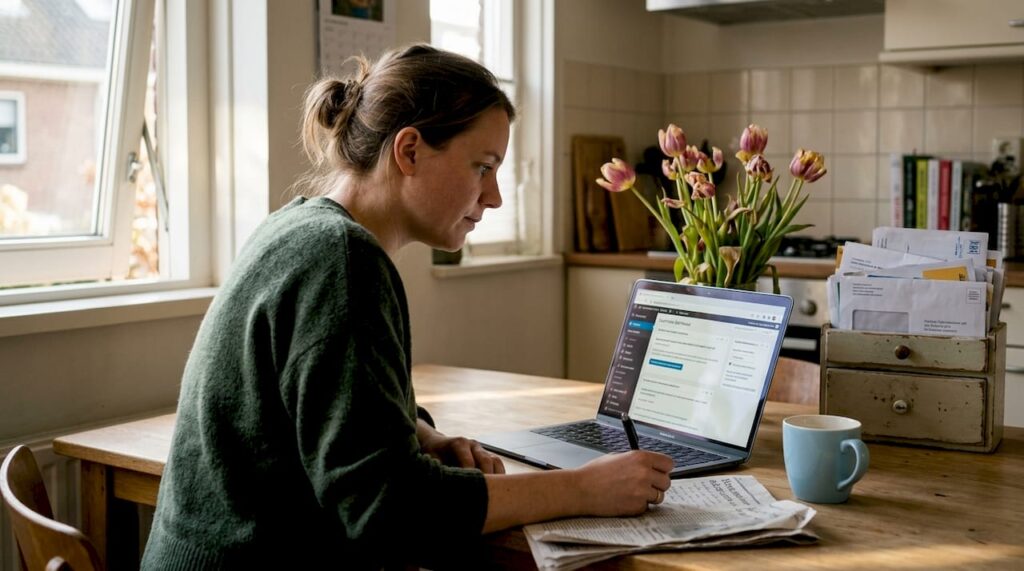 Een zelfstandige ondernemer is thuis druk bezig met het bouwen van zijn WordPress-site.