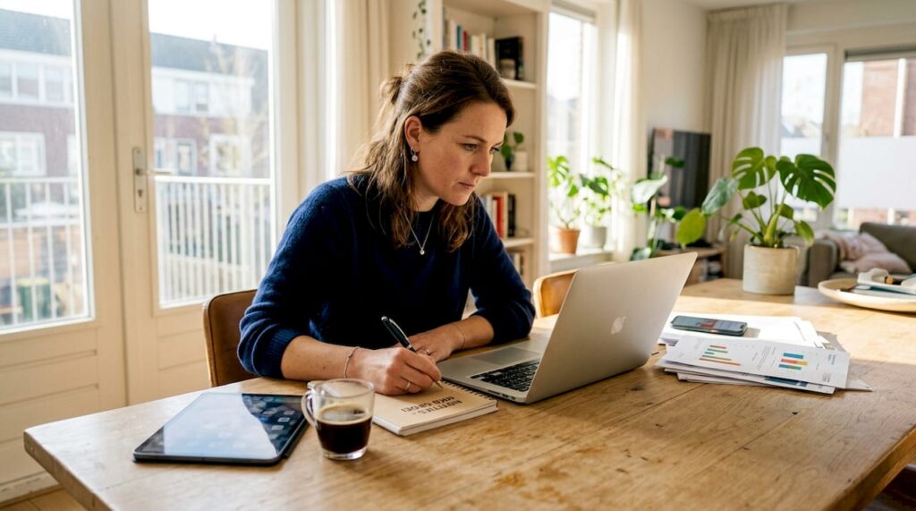 Ondernemer uit het MKB bekijkt website kritisch aan de keukentafel